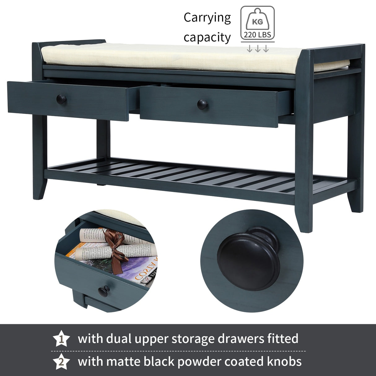 Modern Multipurpose Entryway Storage Bench With Upholstered Seat and Drawers