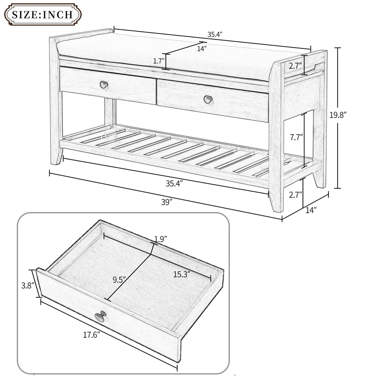 Modern Multipurpose Entryway Storage Bench With Upholstered Seat and Drawers