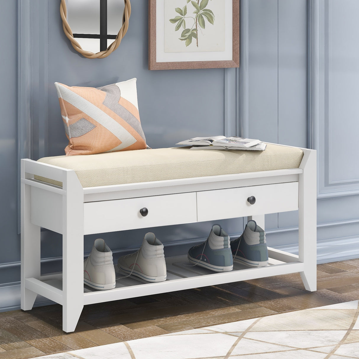 Modern Multipurpose Entryway Storage Bench With Upholstered Seat and Drawers