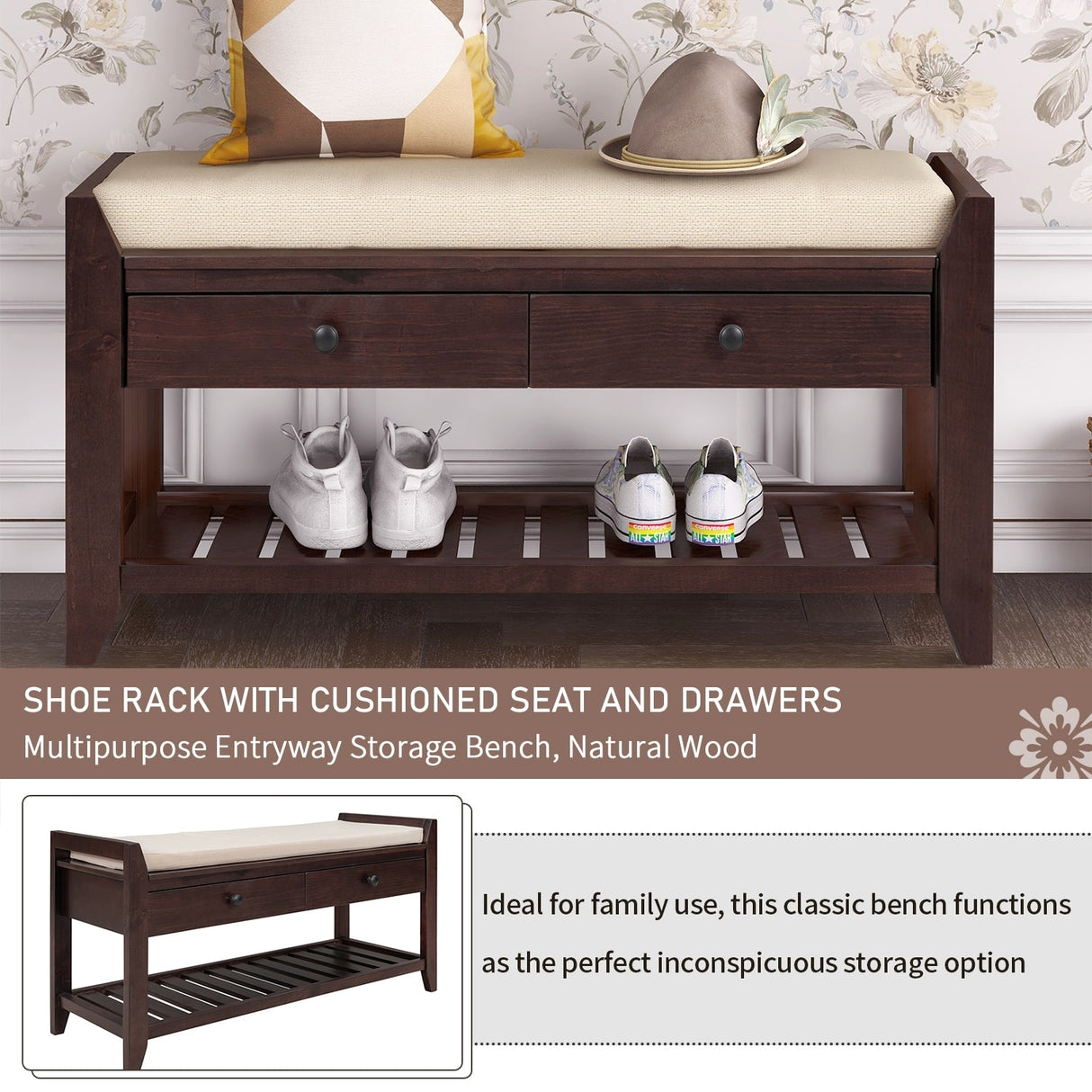 Modern Multipurpose Entryway Storage Bench With Upholstered Seat and Drawers