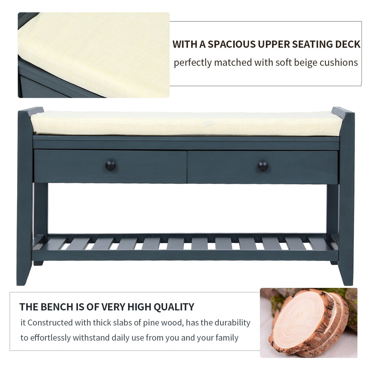 Modern Multipurpose Entryway Storage Bench With Upholstered Seat and Drawers