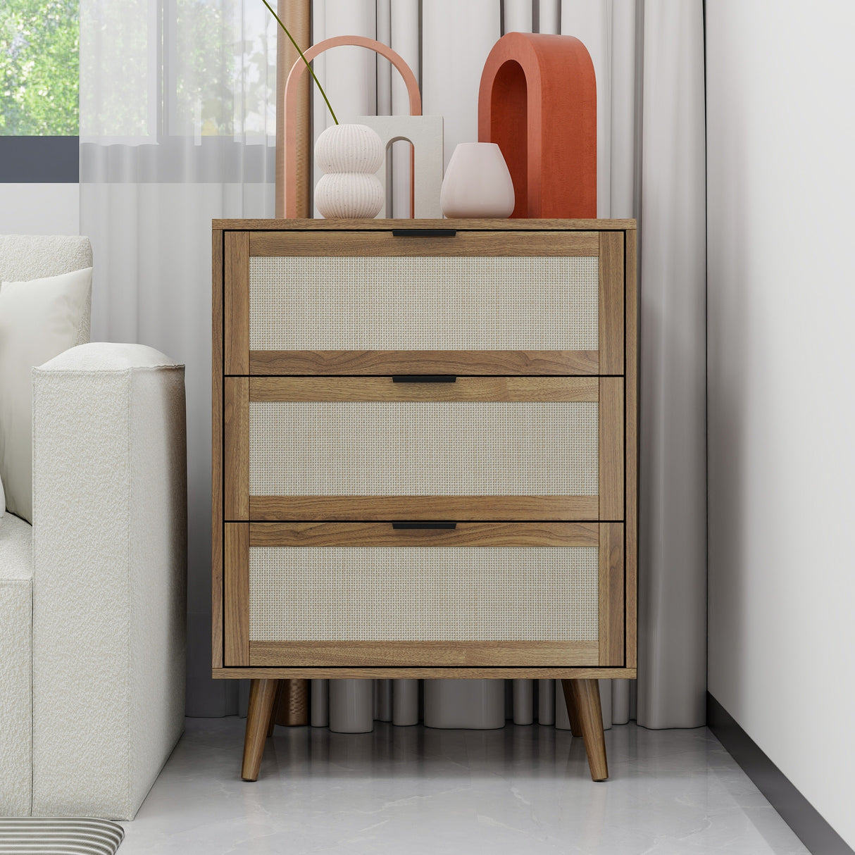 Modern Natural Rattan Shoe Rack Storage Cabinet for Entryway