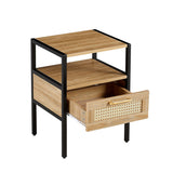 Modern Natural Rattan Wooden Nightstand/End Table/Side Table with Drawer(Set of 2)