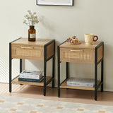 Modern Natural Rattan Wooden Nightstand/End Table/Side Table with Drawer(Set of 2)