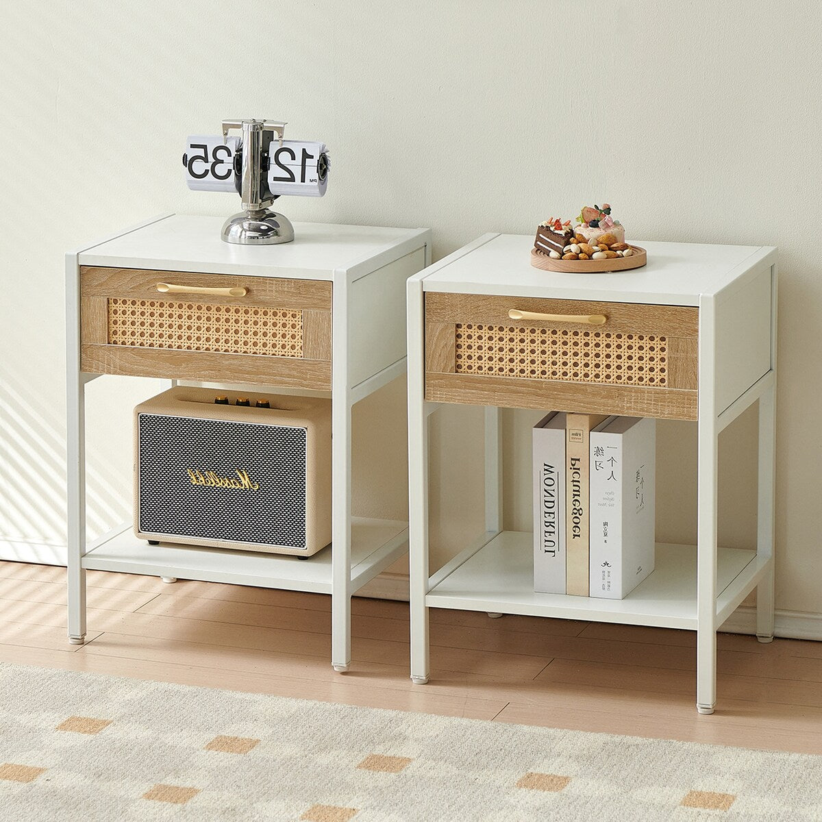 Modern Natural Rattan Wooden Nightstand/End Table/Side Table with Drawer(Set of 2)