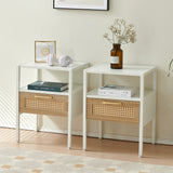 Modern Natural Rattan Wooden Nightstand/End Table/Side Table with Drawer(Set of 2)