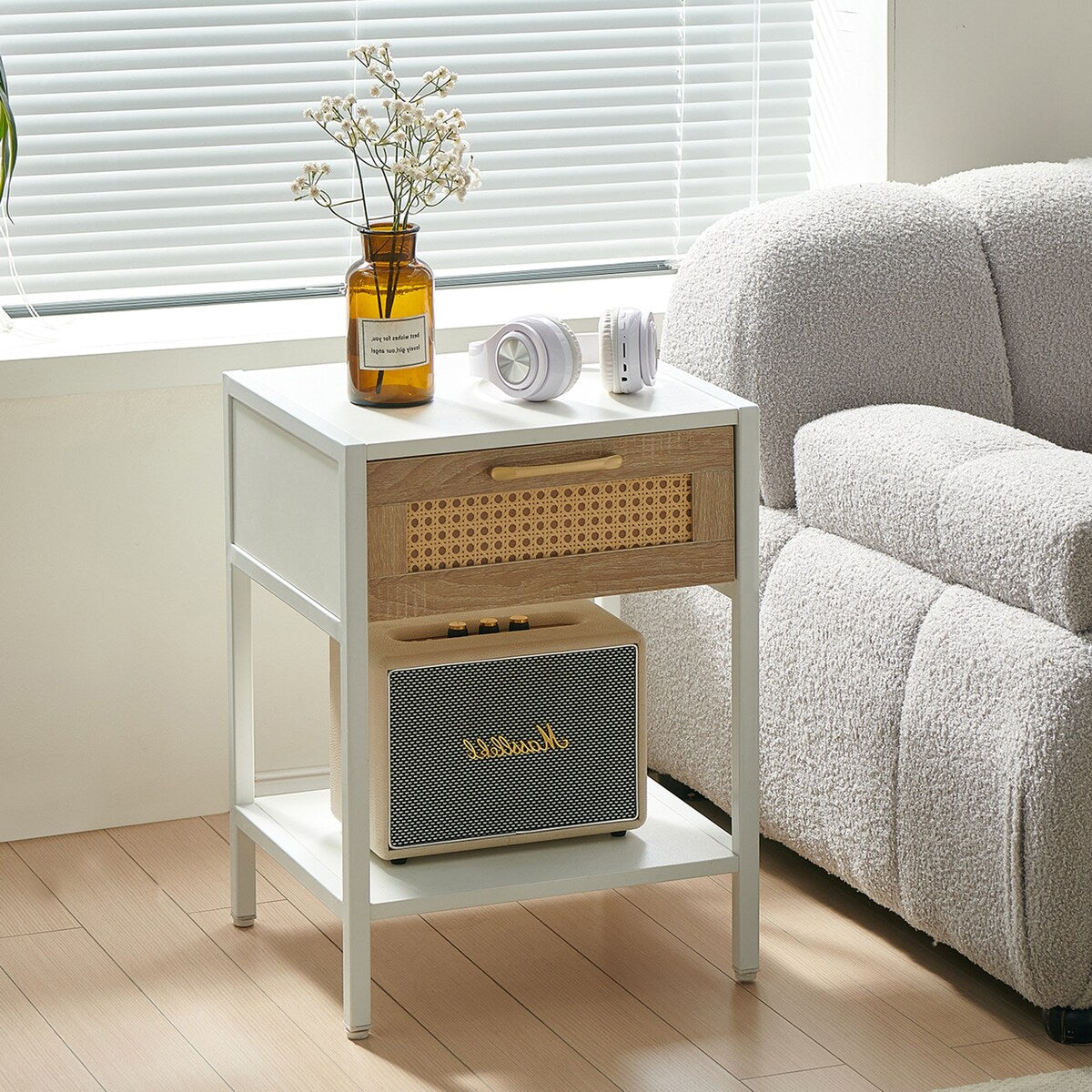 Modern Natural Rattan Wooden Nightstand/End Table/Side Table with Drawer(Set of 2)