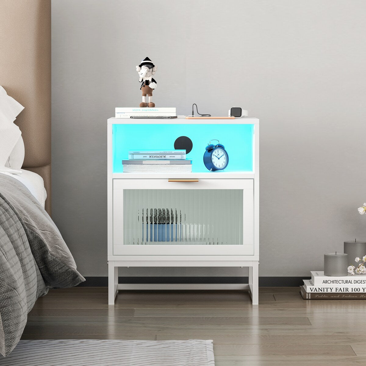 Modern Nightstand with LED Light and Charging Stantion