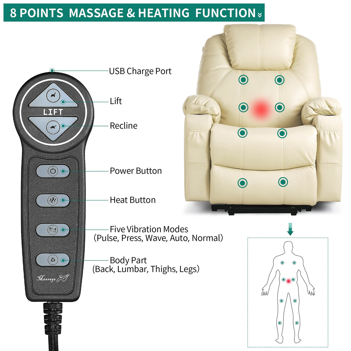Modern Off White Reclining Chair Faux Leather/Fabric Massage