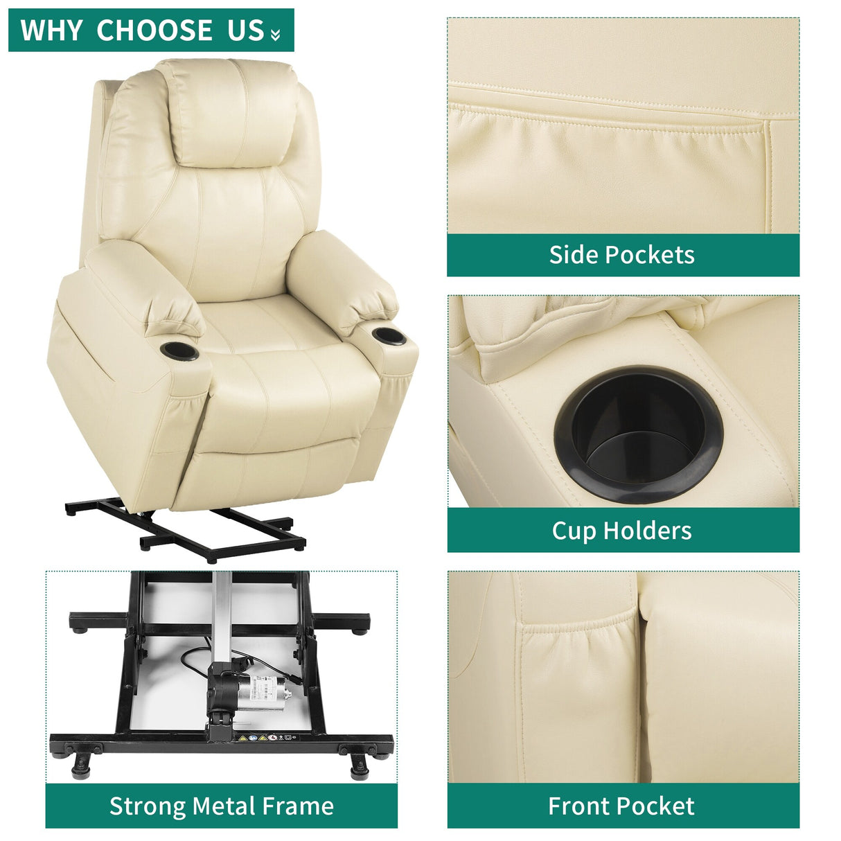 Modern Off White Reclining Chair Faux Leather/Fabric Massage