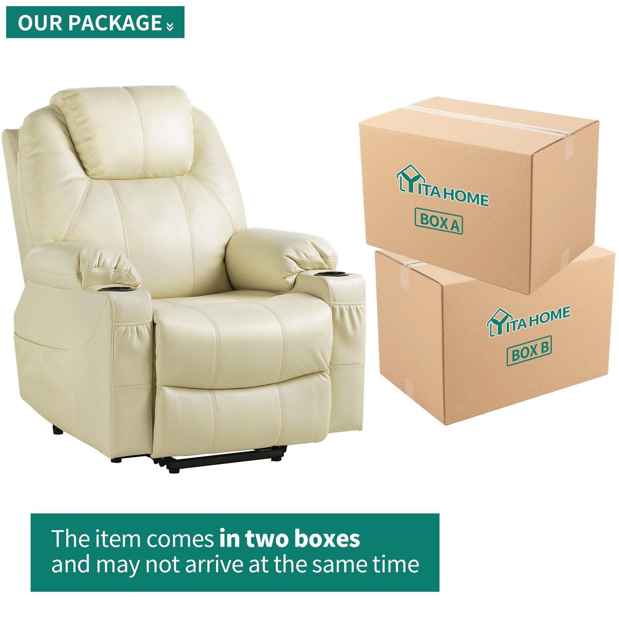 Modern Off White Reclining Chair Faux Leather/Fabric Massage