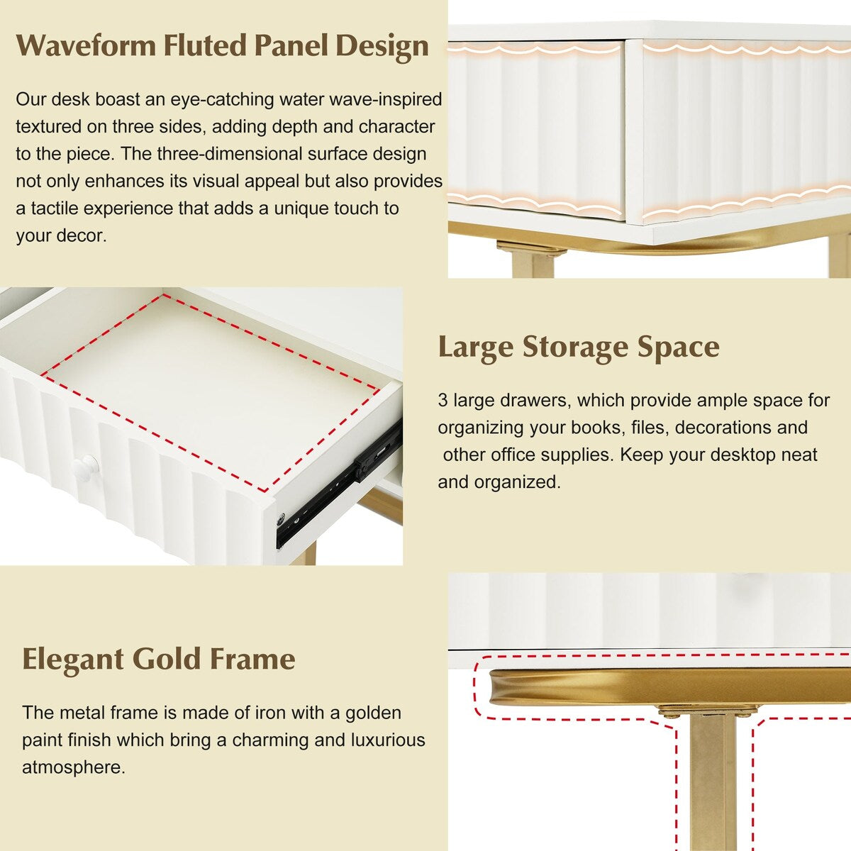 Modern Office Desk with Power Socket and 3 Drawers