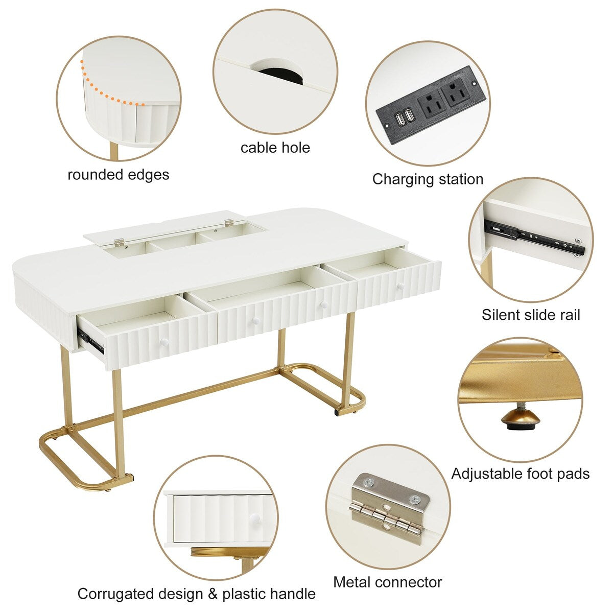 Modern Office Desk with Power Socket and 3 Drawers