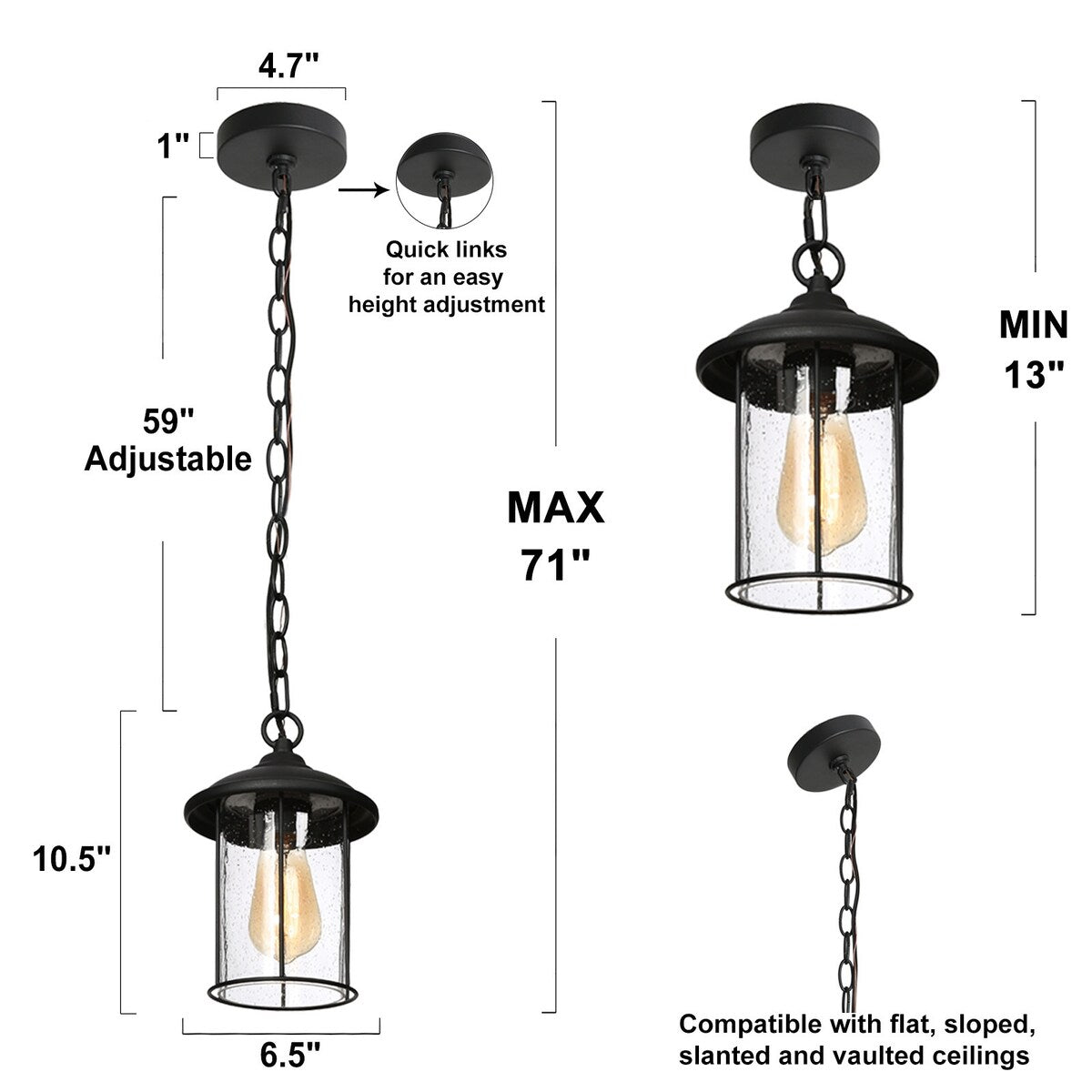 Modern Farmhouse Outdoor Patio Pendants Black Seeded Glass Shade Ceiling Light - Textured Black - D 6.5"x H 10.5"