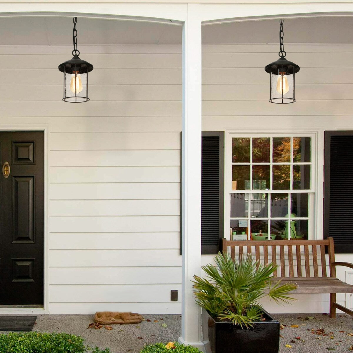 Modern Farmhouse Outdoor Patio Pendants Black Seeded Glass Shade Ceiling Light - Textured Black - D 6.5"x H 10.5"