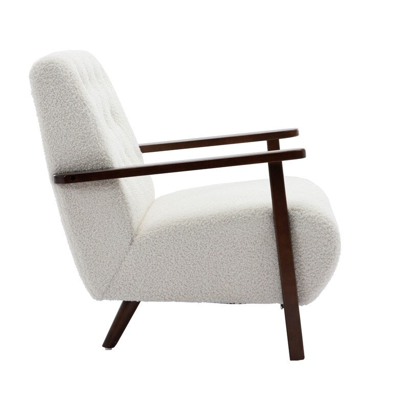 Modern Polyester Wooden Frame Armchair, Accent Chair Lounge Chair with Rubber Wood Legs for Living Room, White Teddy