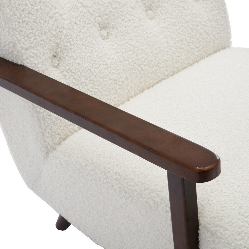 Modern Polyester Wooden Frame Armchair, Accent Chair Lounge Chair with Rubber Wood Legs for Living Room, White Teddy