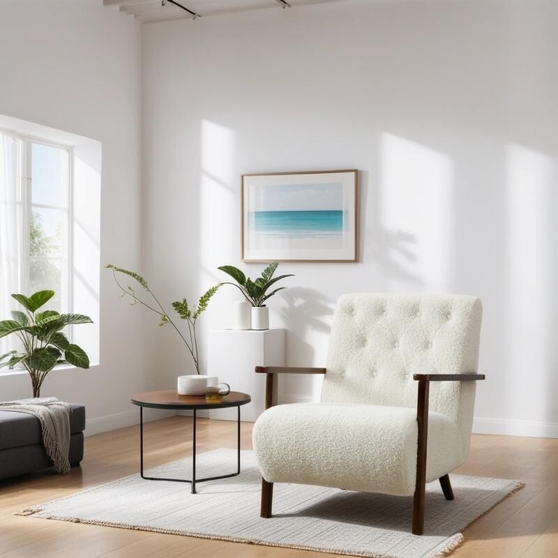 Modern Polyester Wooden Frame Armchair, Accent Chair Lounge Chair with Rubber Wood Legs for Living Room, White Teddy