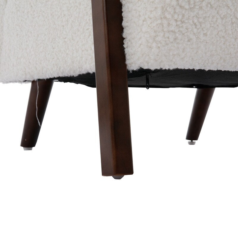 Modern Polyester Wooden Frame Armchair, Accent Chair Lounge Chair with Rubber Wood Legs for Living Room, White Teddy