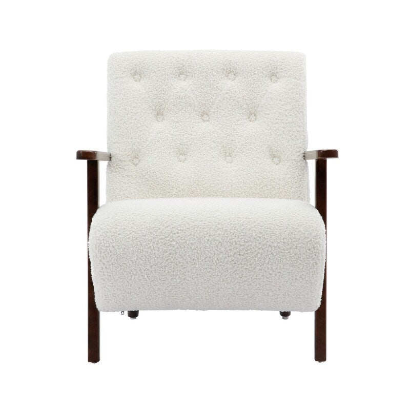 Modern Polyester Wooden Frame Armchair, Accent Chair Lounge Chair with Rubber Wood Legs for Living Room, White Teddy