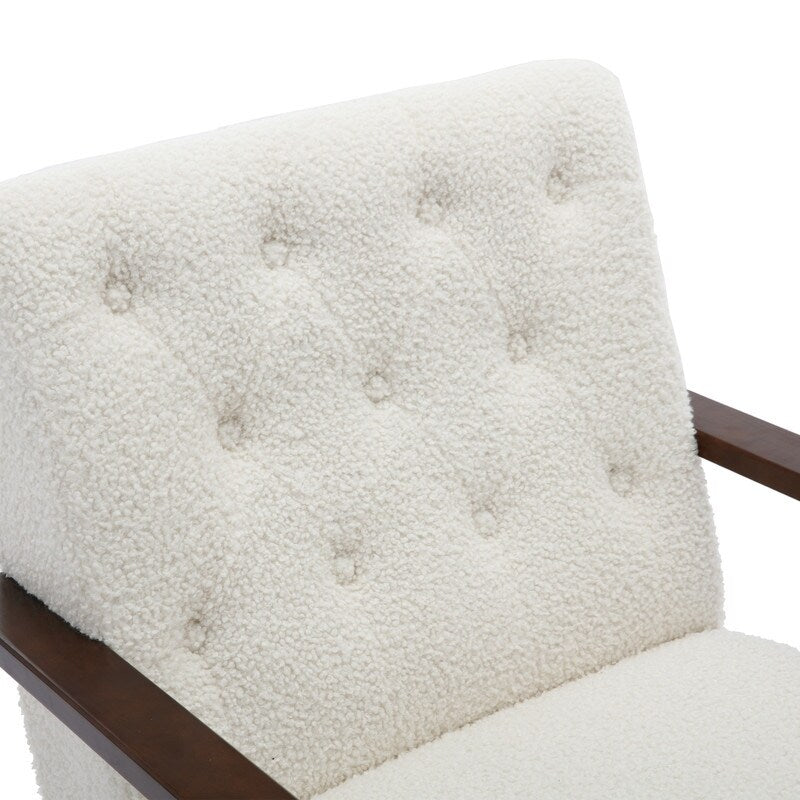 Modern Polyester Wooden Frame Armchair, Accent Chair Lounge Chair with Rubber Wood Legs for Living Room, White Teddy