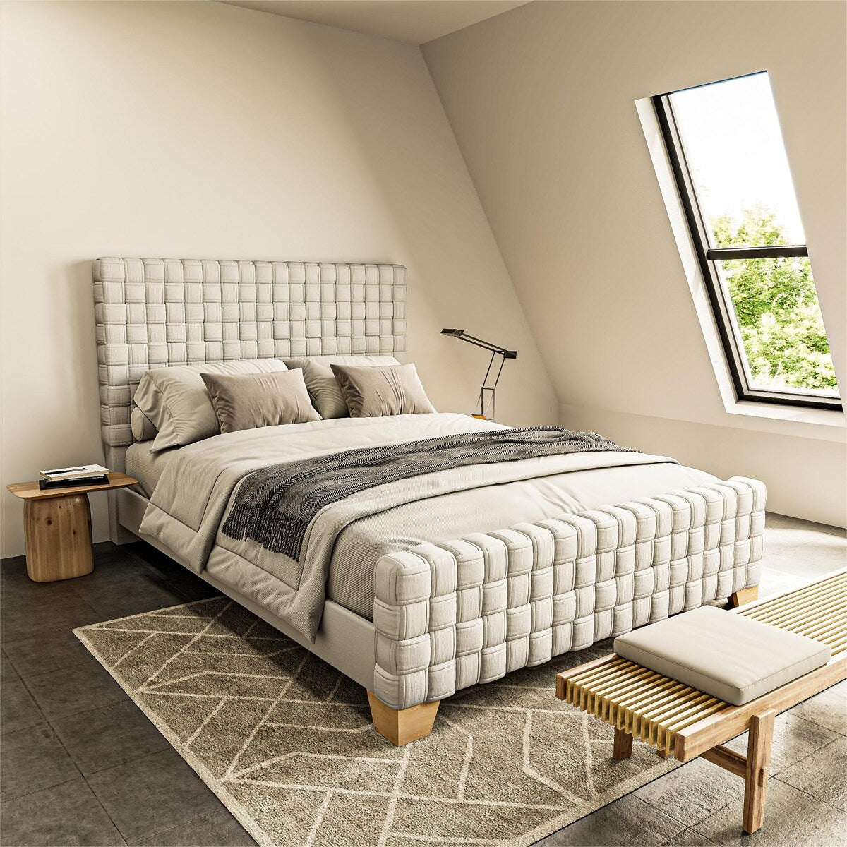 Modern Queen Size Upholstered Platform Bed with High Back Headboard Overstock