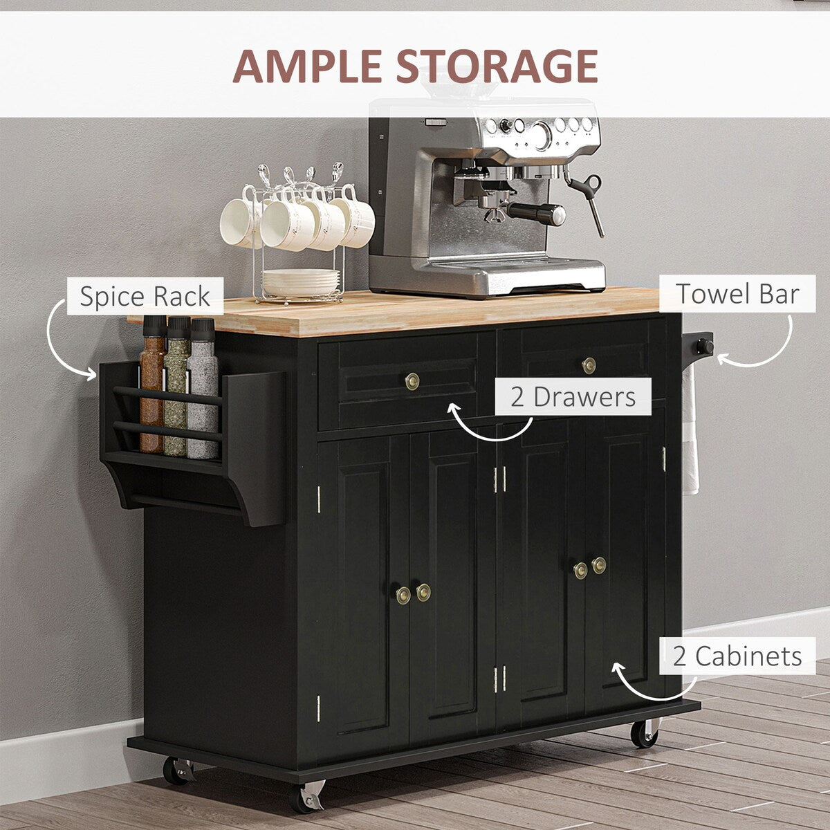 2024 NEW Modern Rolling Kitchen Island Cart with Spice Rack
