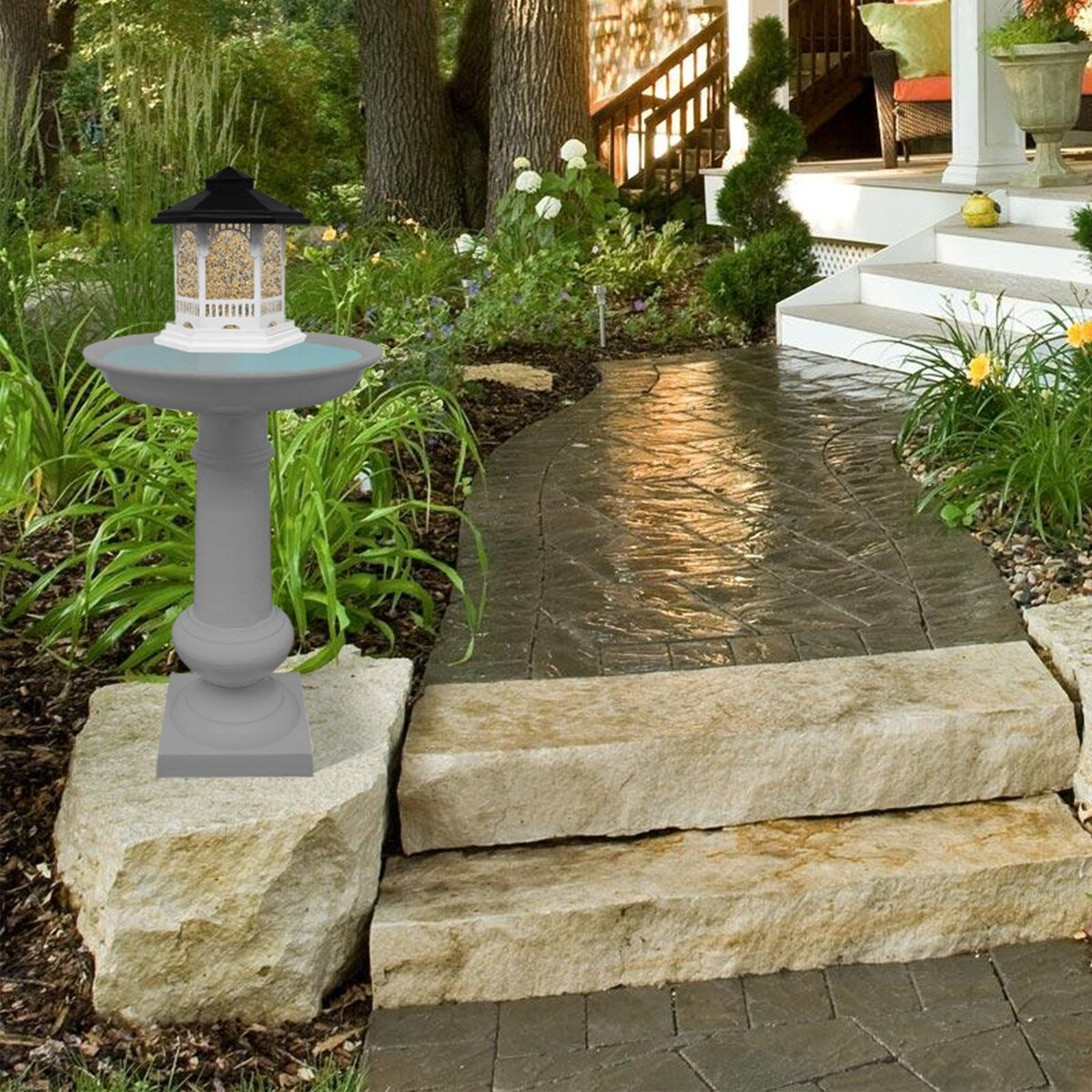 Modern Round Cast Aluminum Metal 40-in Bird Bath and Bird Feeder Combo