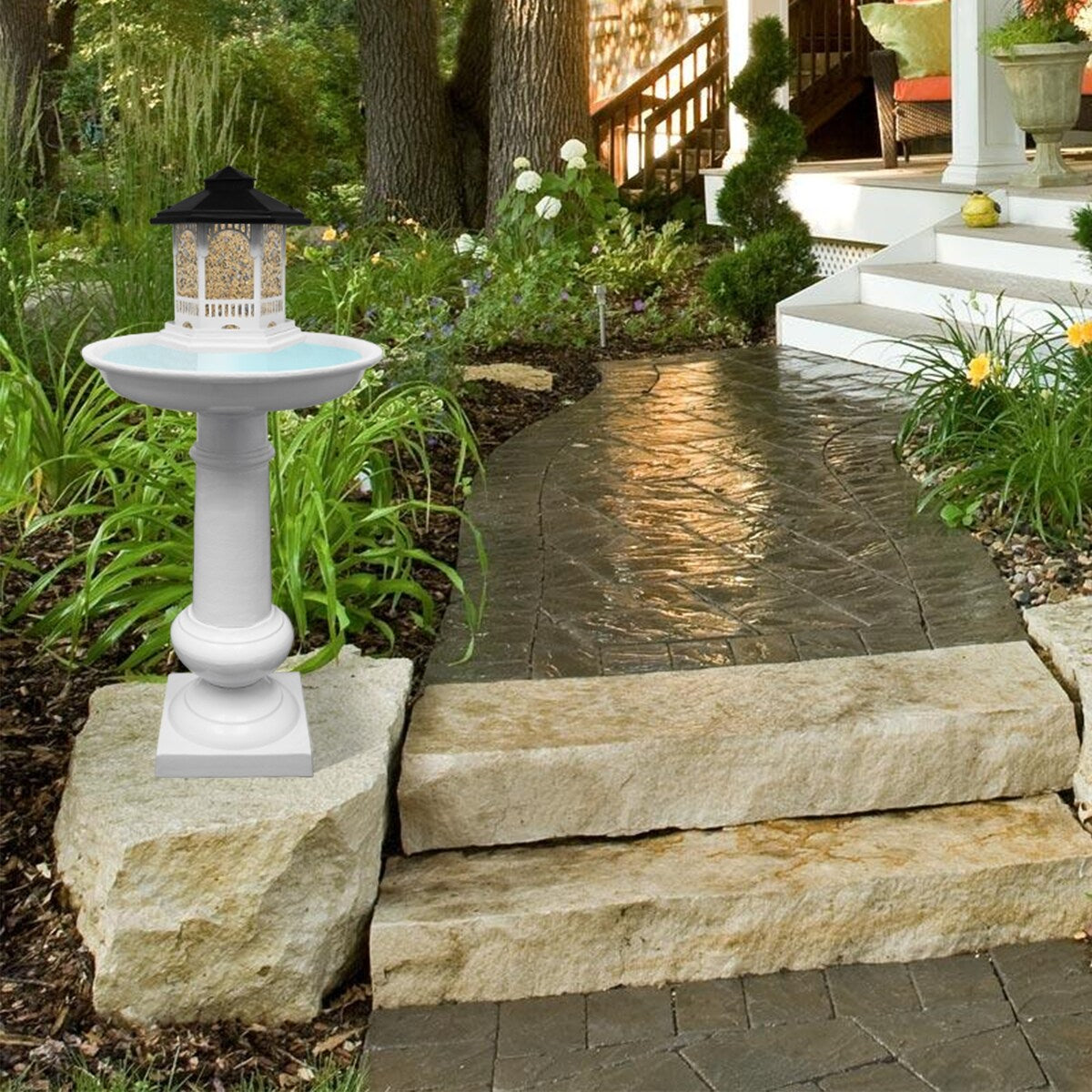 Modern Round Cast Aluminum Metal 40-in Bird Bath and Bird Feeder Combo