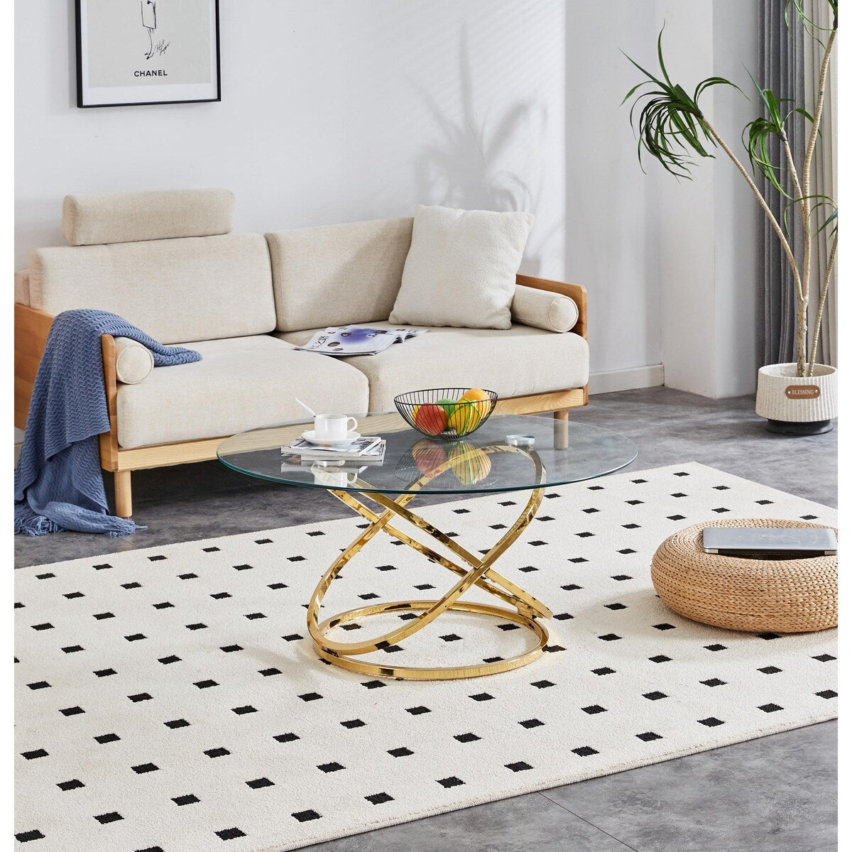Modern Round Clear Glass Coffee Table with Tempered Glass and Stainless Steel Base