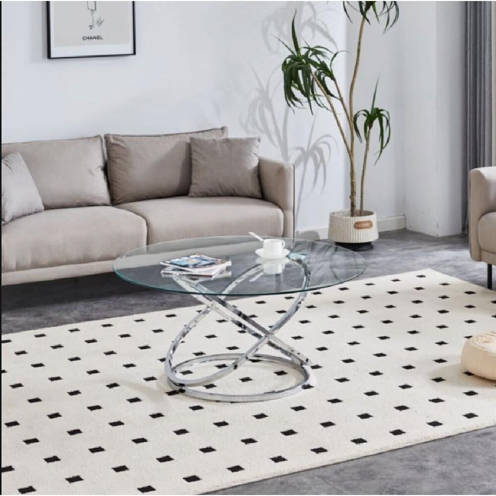 Modern Round Clear Glass Coffee Table with Tempered Glass and Stainless Steel Base