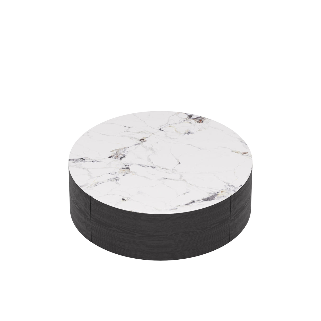 Modern Round Coffee Table, White Sintered Stone Tabletop with 2 Drawers