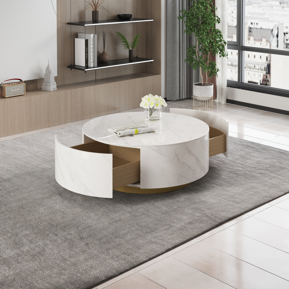 Modern Round Coffee Table, White Sintered Stone Tabletop with 2 Drawers