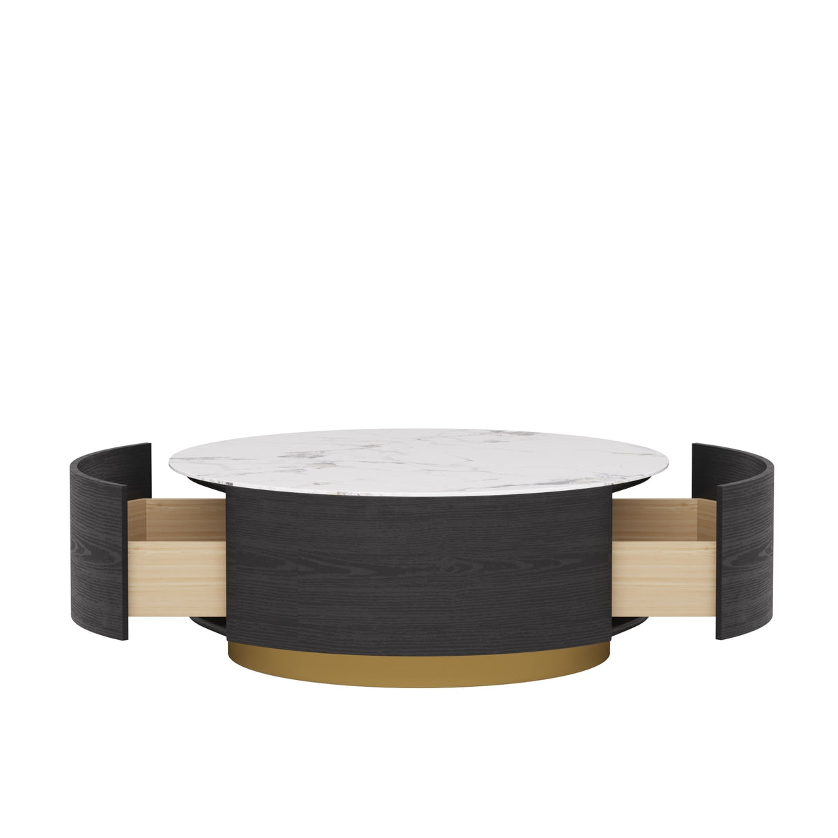 Modern Round Coffee Table, White Sintered Stone Tabletop with 2 Drawers