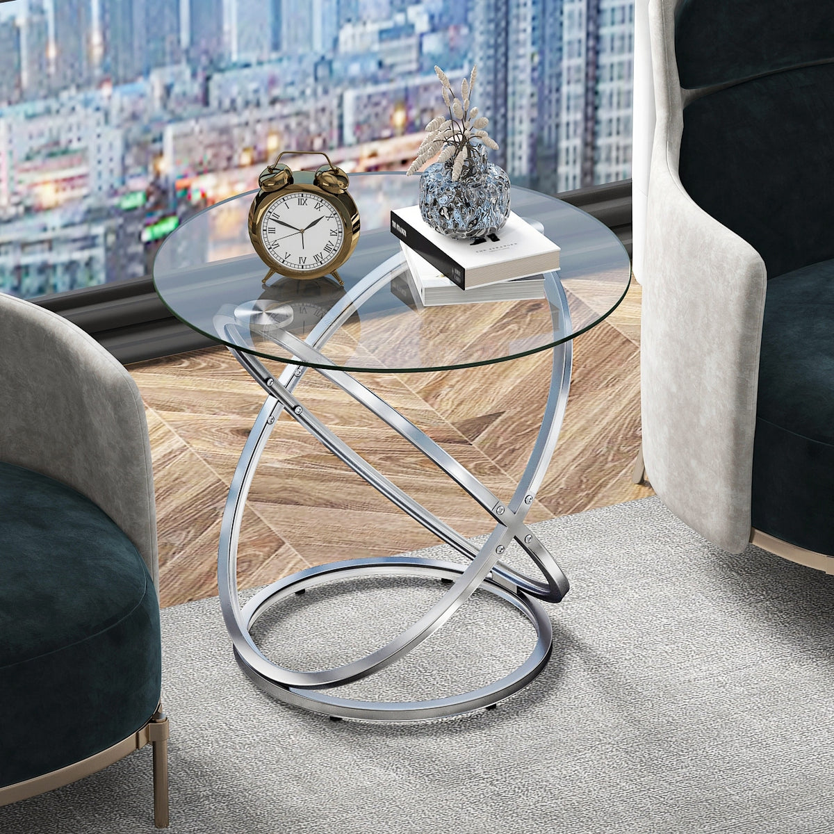 Myhozm Modern Round Glass/Stone Top Side Table with Metal Base