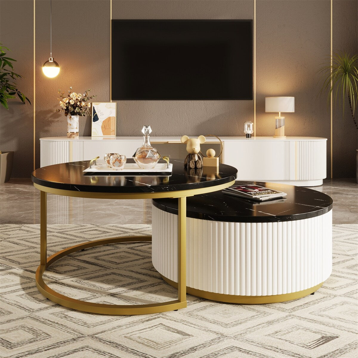 Modern Round Nesting Coffee Table with Drawer (Set of 2) by Harper&Bright Designs