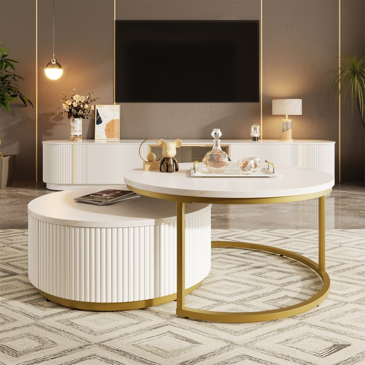 Modern Round Nesting Coffee Table with Drawer (Set of 2) by Harper&Bright Designs