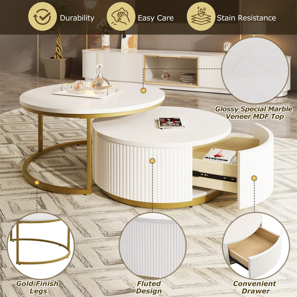 Modern Round Nesting Coffee Table with Drawer (Set of 2) by Harper&Bright Designs