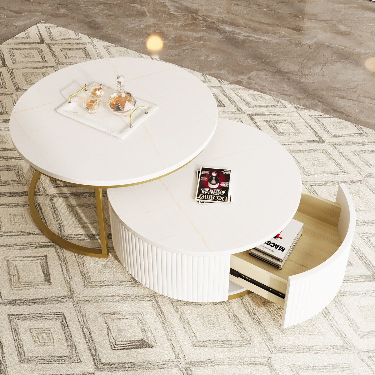 Modern Round Nesting Coffee Table with Drawer (Set of 2) by Harper&Bright Designs