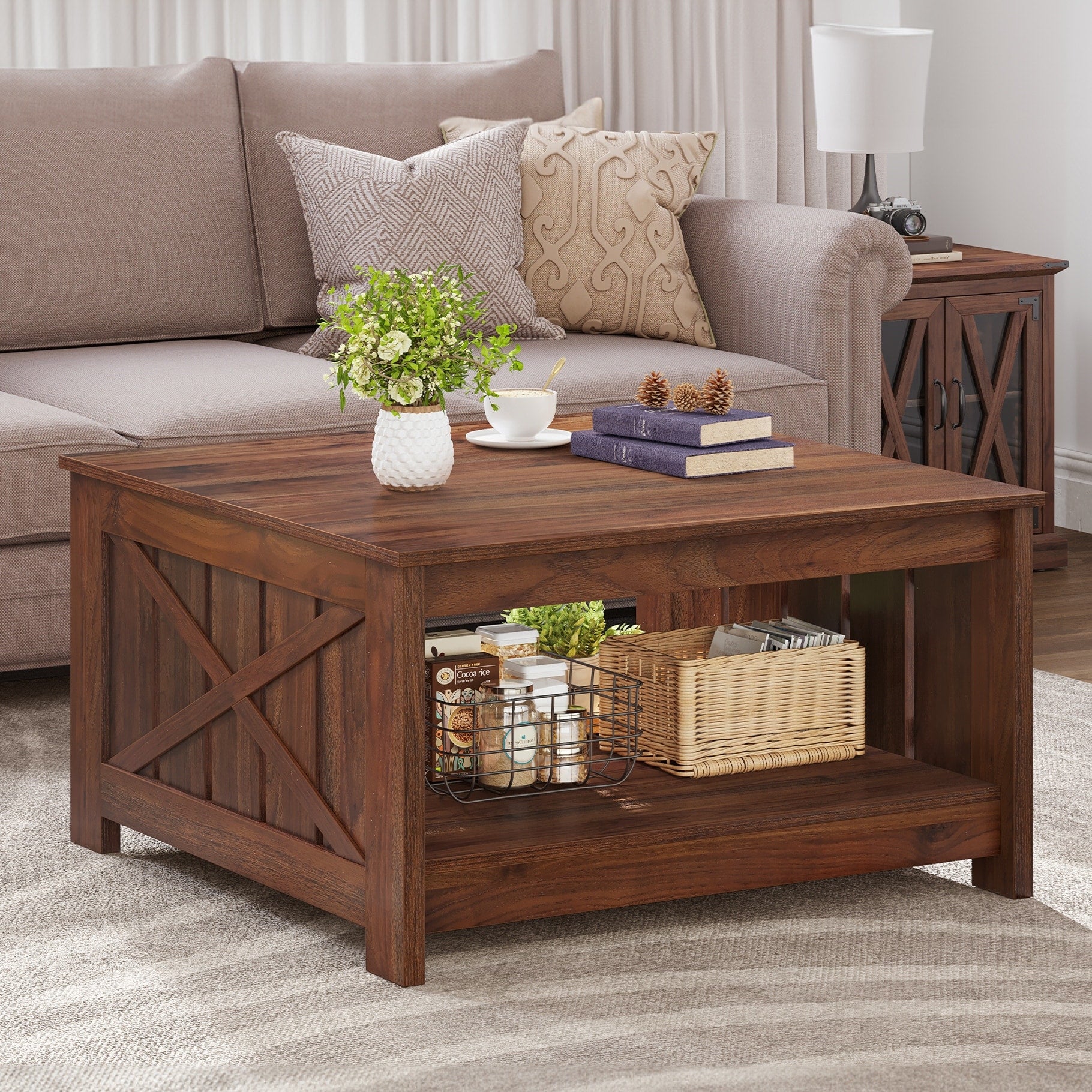 Modern Rustic Square Wood Coffee Table with Storage