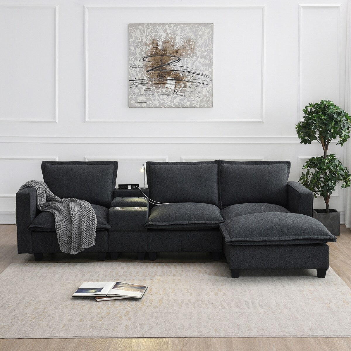 Modern Sectional Cloud Sofa with Console,USB,Reading Light,Cup Holder,4 Seat Chenille Modular Couch