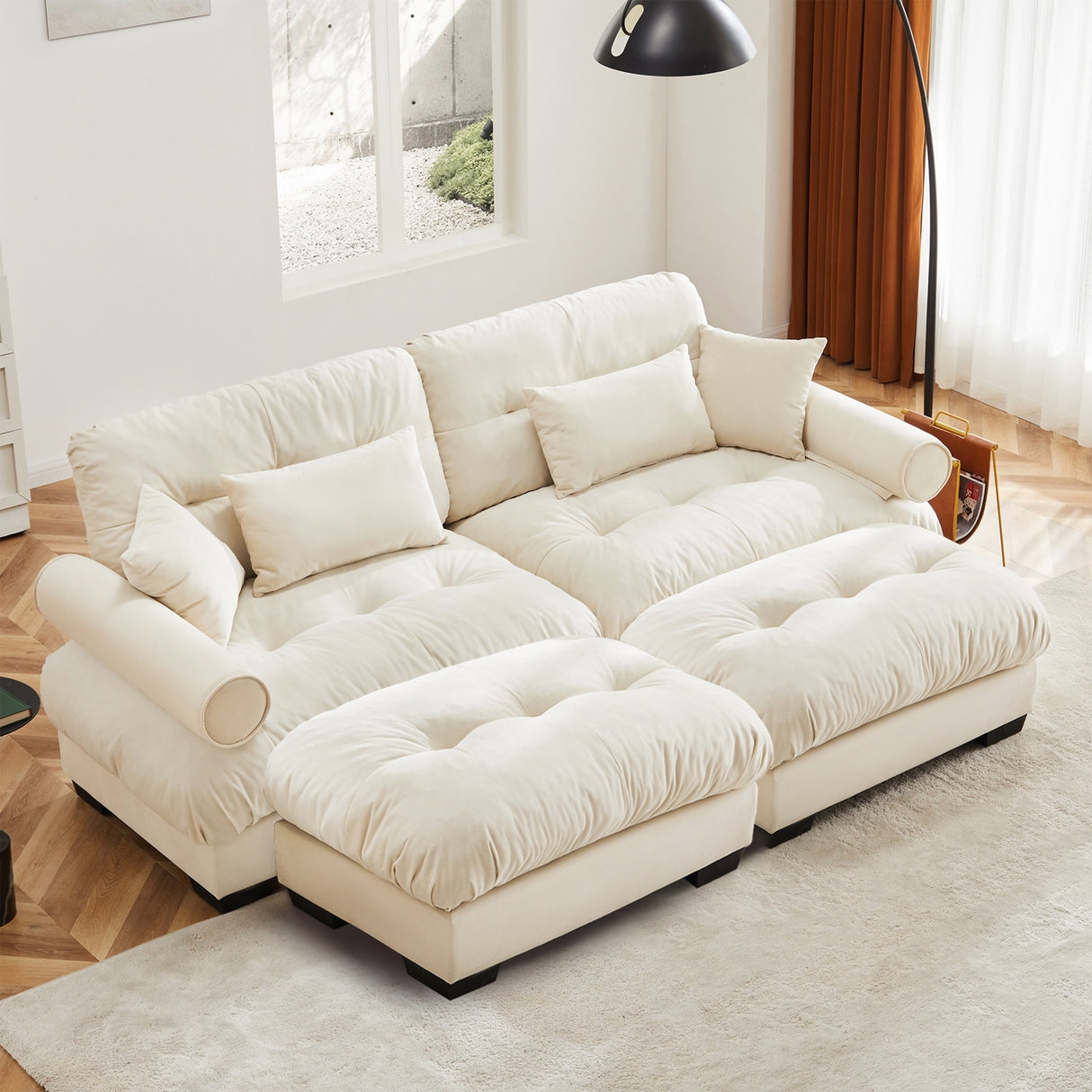 Modern Sectional Couch Comfortable Upholstered Velvet Sofa Set with Lumbar Pillow and Throw Pillow for Living Room