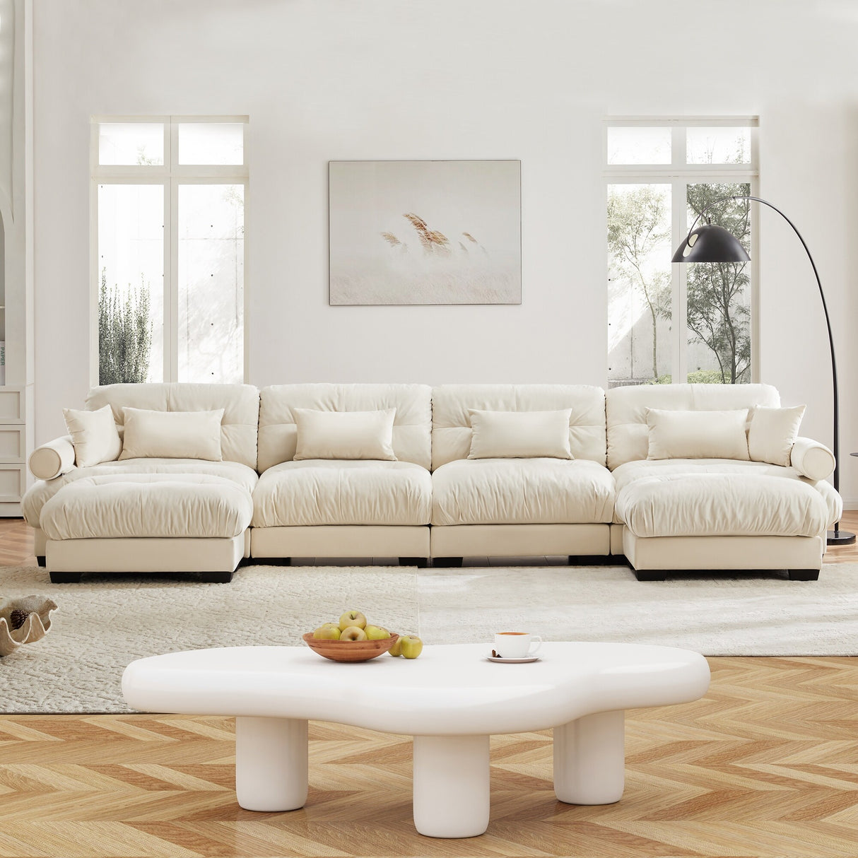 Modern Sectional Couch Comfortable Upholstered Velvet Sofa Set with Lumbar Pillow and Throw Pillow for Living Room