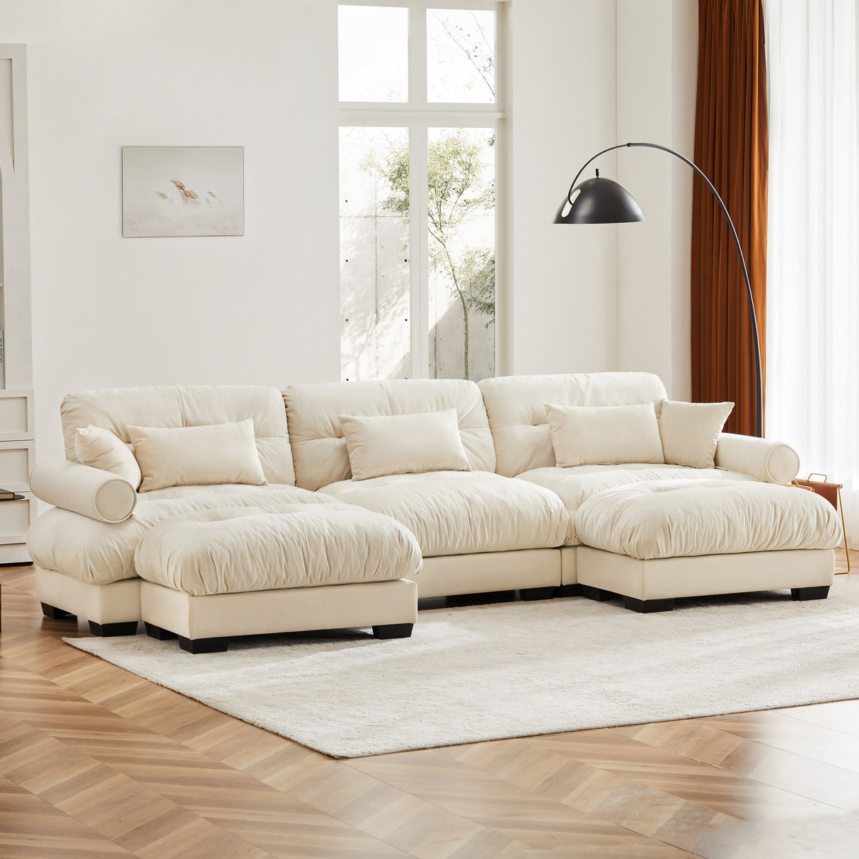 Modern Sectional Couch Comfortable Upholstered Velvet Sofa Set with Lumbar Pillow and Throw Pillow for Living Room