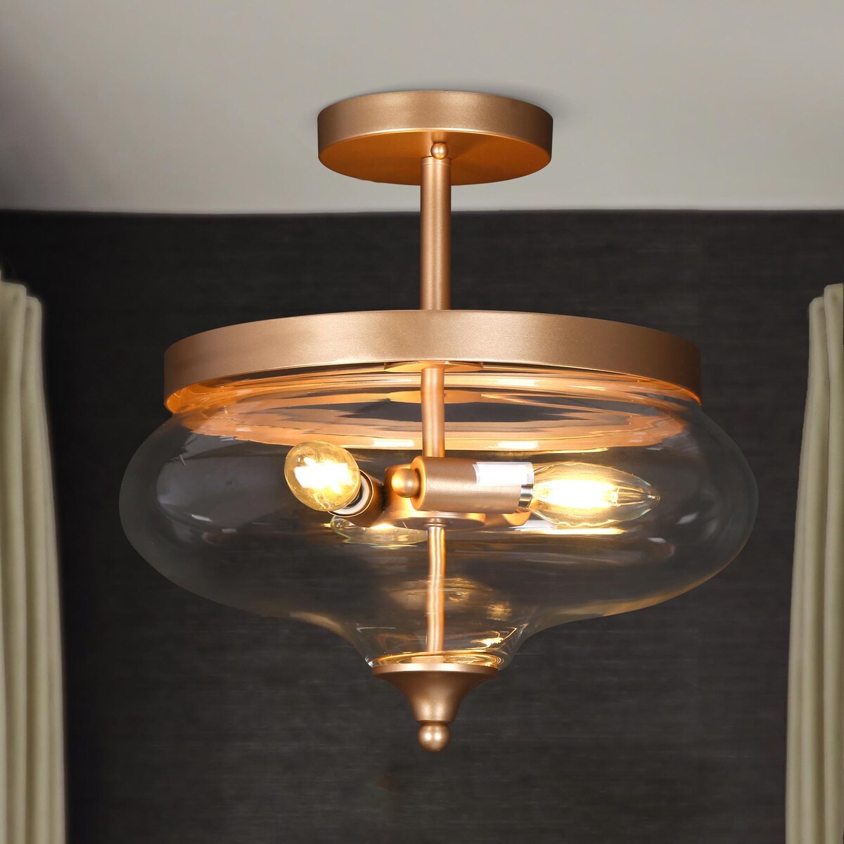 Modern Semi-Flush Mount Teardrop Glass 3-light Brass Metal Light Fixture - Brass Gold - D12.6" x H 13"
