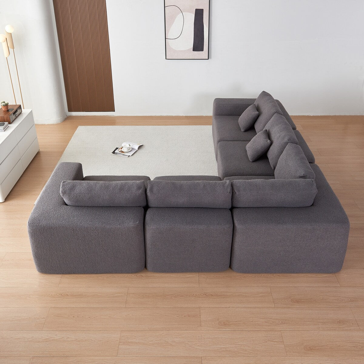 Modern Sherpa Fabric Sectional Sofa - Large, Comfortable, Ideal for Families,Gray