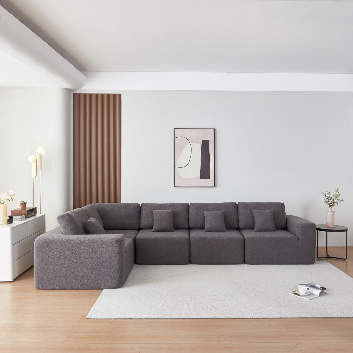 Modern Sherpa Fabric Sectional Sofa - Large, Comfortable, Ideal for Families,Gray