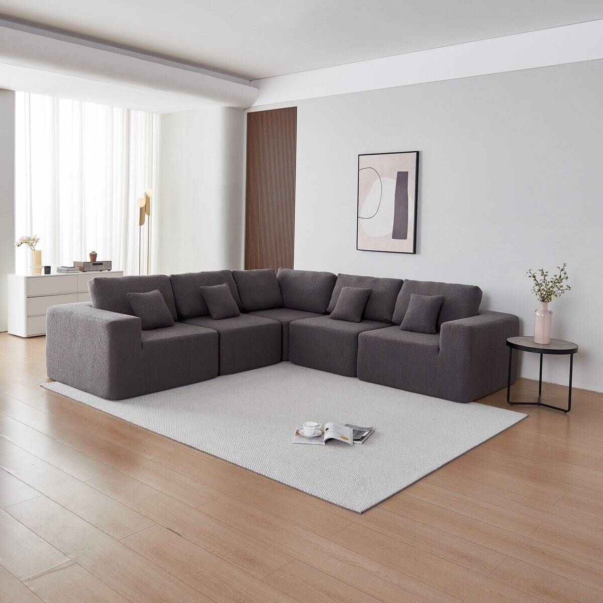 Modern Sherpa Fabric Sectional Sofa - Large, Comfortable, Ideal for Families,Gray