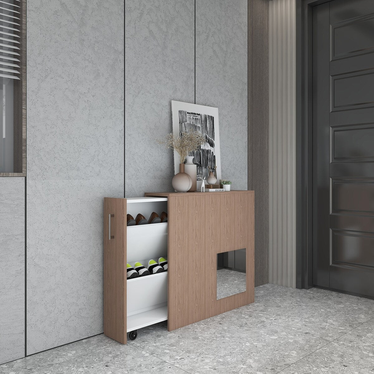 Modern Shoe Cabinet with Hidden Shoe Rack Pull-out Freestanding