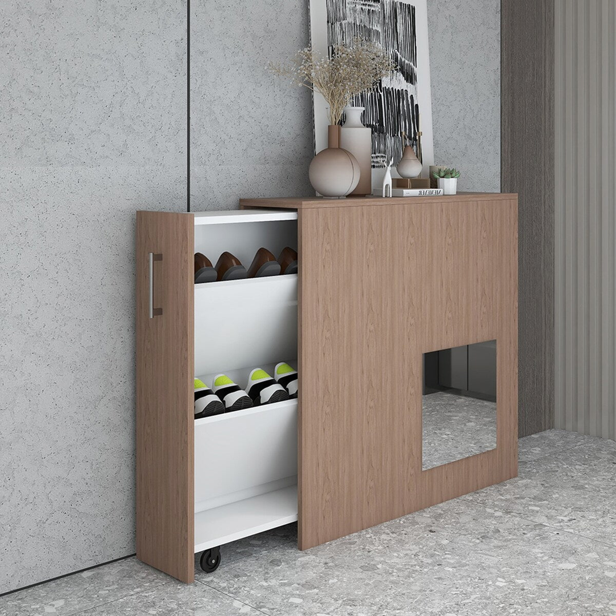 Modern Shoe Cabinet with Hidden Shoe Rack Pull-out Freestanding